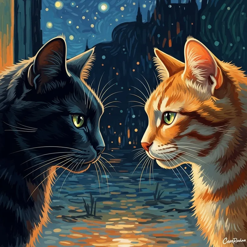 Mystical Nighttime Encounter of Black and Orange Cats