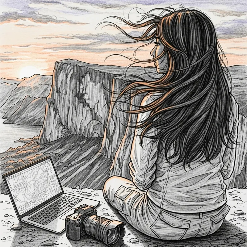 Sketched Adventure: South Asian Girl at Sunset