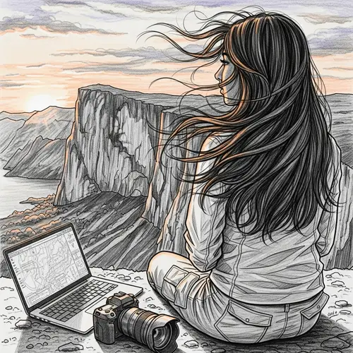 Sketched Adventure: South Asian Girl at Sunset