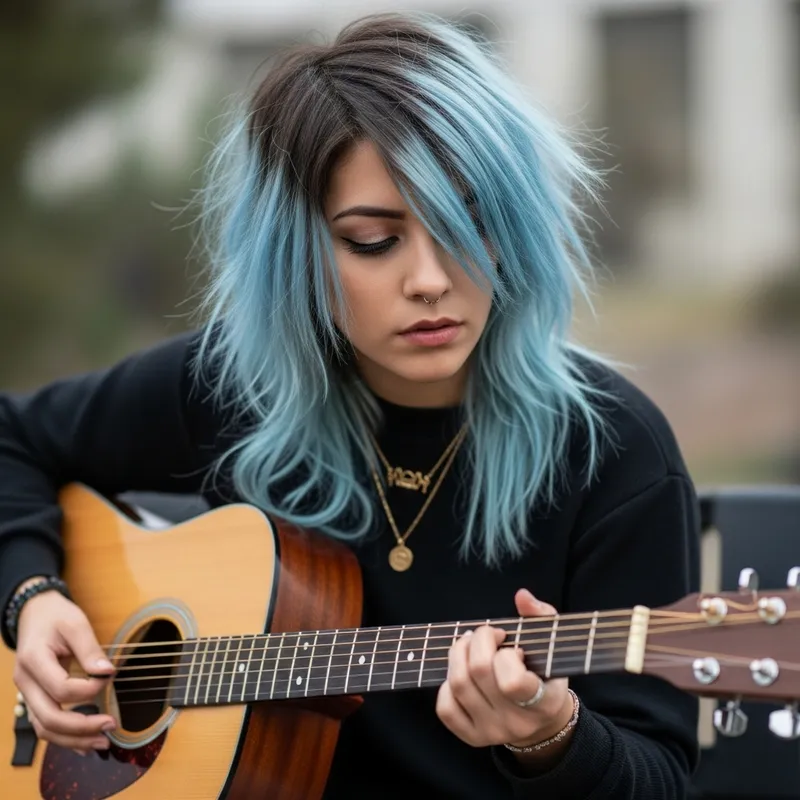 Hispanic Emo Woman with Shaggy Blue Ombre Hair Playing Guitar