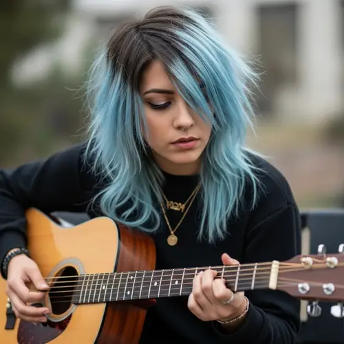 Hispanic Woman with Ombre Black to Blue Hair Playing Guitar