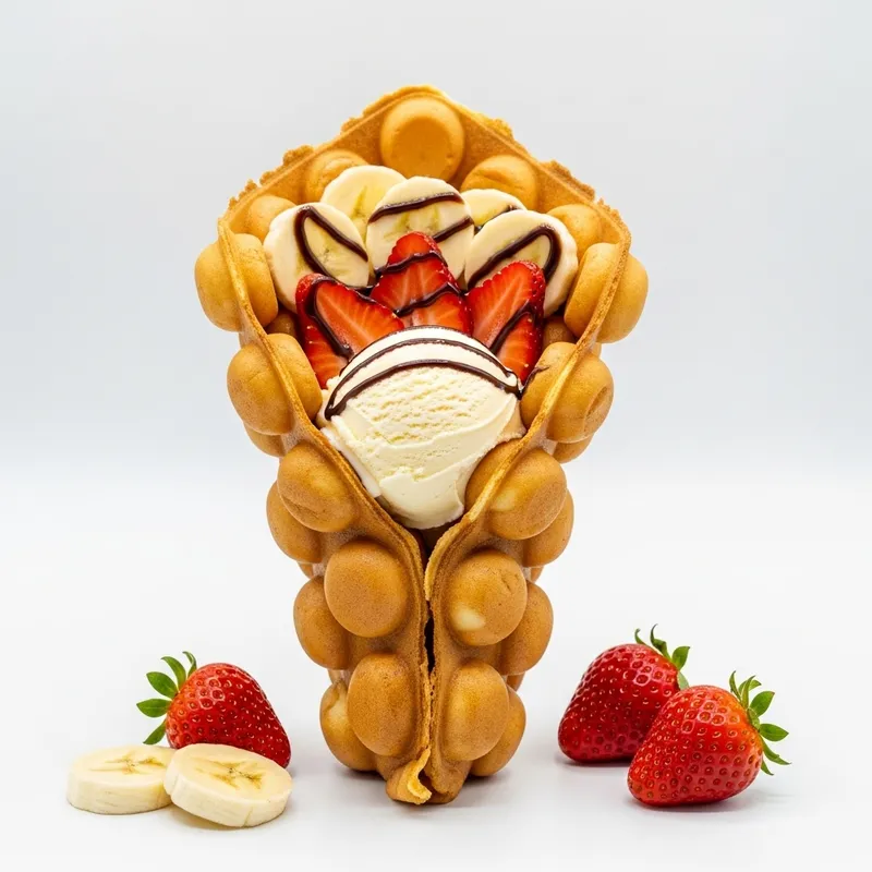 Delicious Hong Kong Waffle with Ice Cream, Strawberries, and Bananas