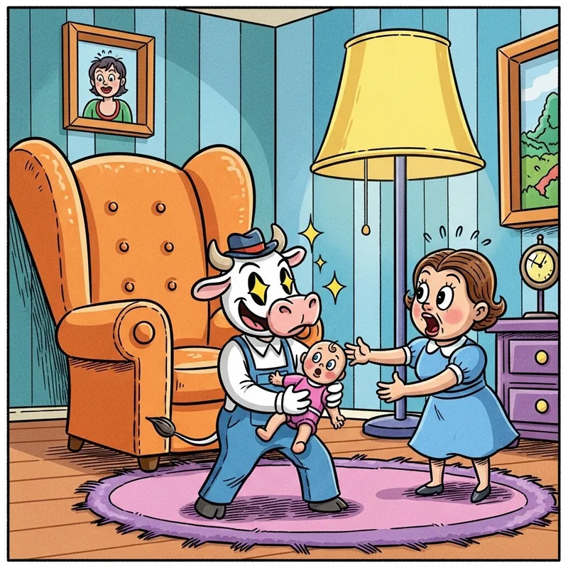 Funny Cow Cartoon: Kidnapping Baby, Humorous Garfield Style