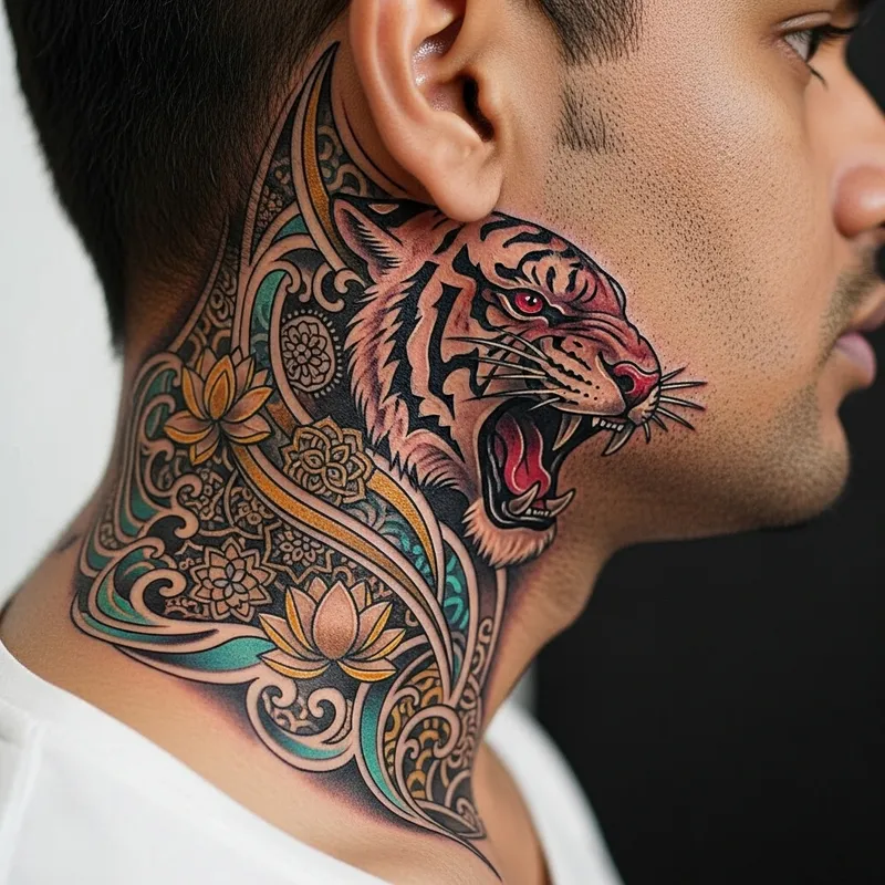Intricate South Asian Male Neck Tattoo in 4K Resolution