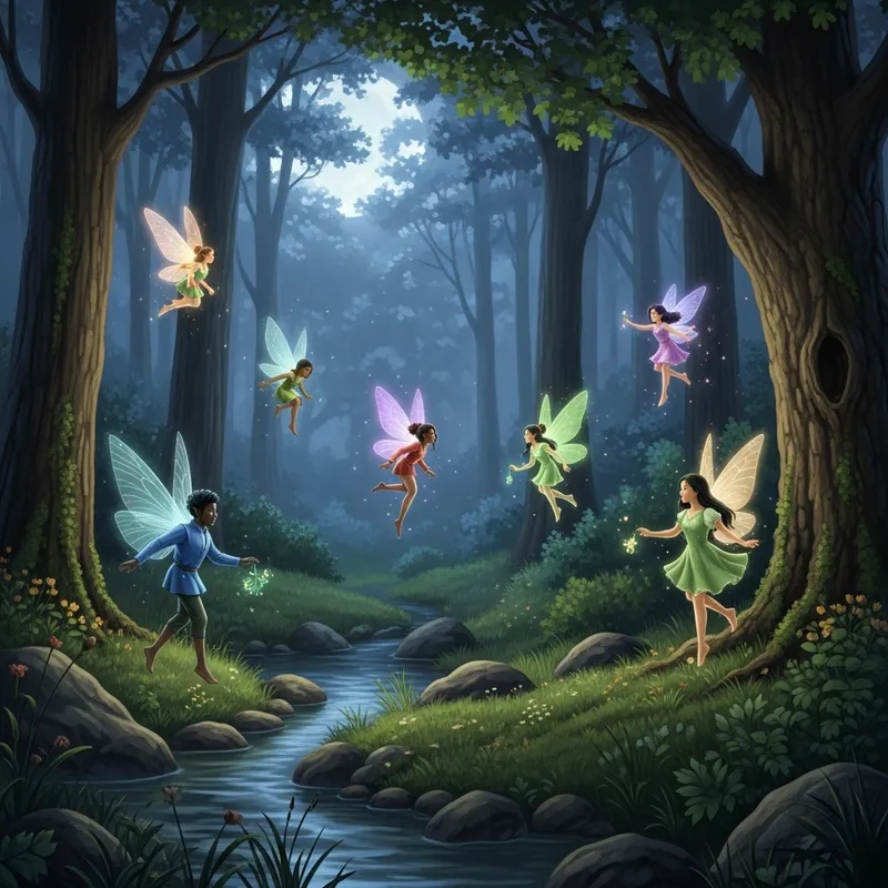 Enchanting Moonlit Forest with Dancing Fairies Enchanting Moonlit Forest with Dancing Fairies