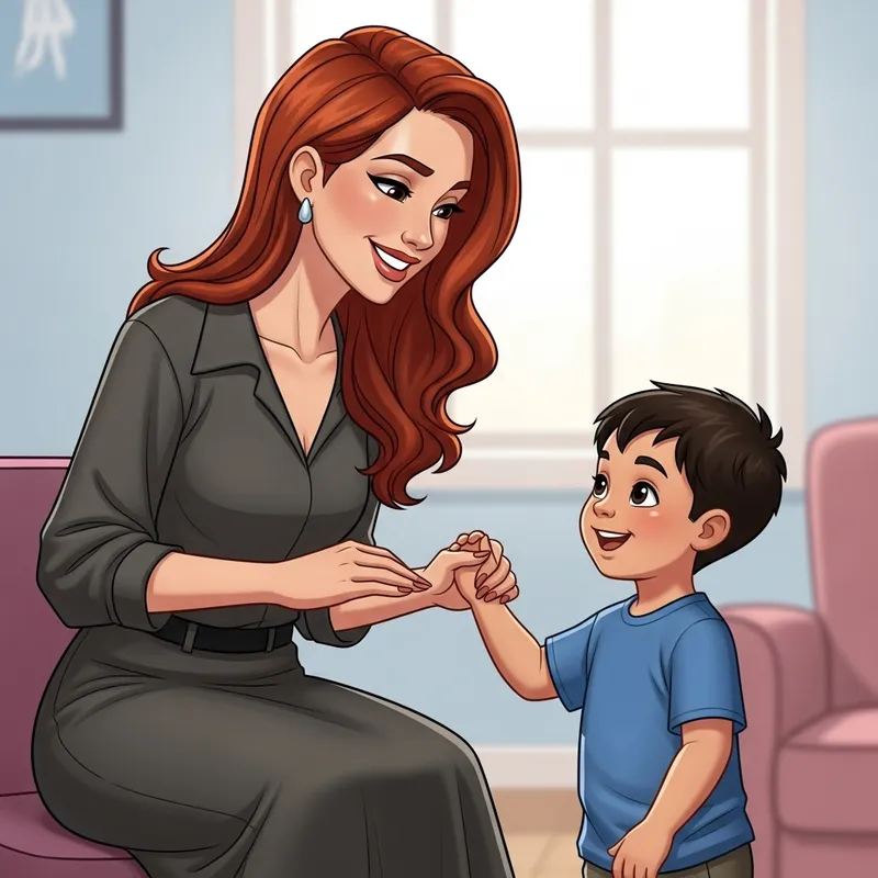 Cartoon Illustration: Redhead Babysitter & Hispanic Boy | Heartwarming Connection