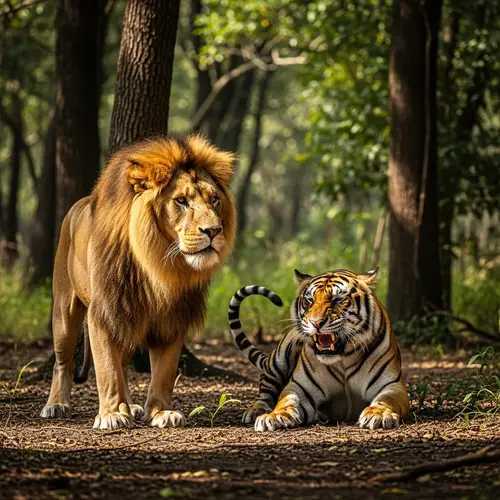 Stressed Lion and Tiger in Wilderness Setting