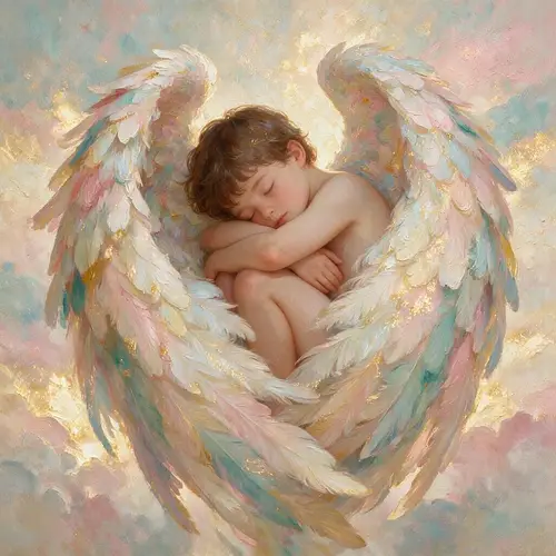 Serene Young Angel Boy in Pastel Feathers