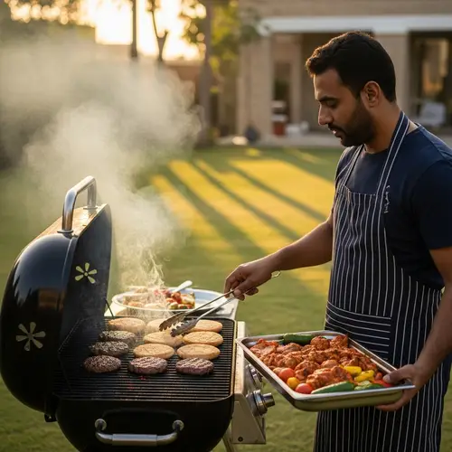 Outdoor Grilling: Middle-Eastern Man Cooking Over Charcoal Grill