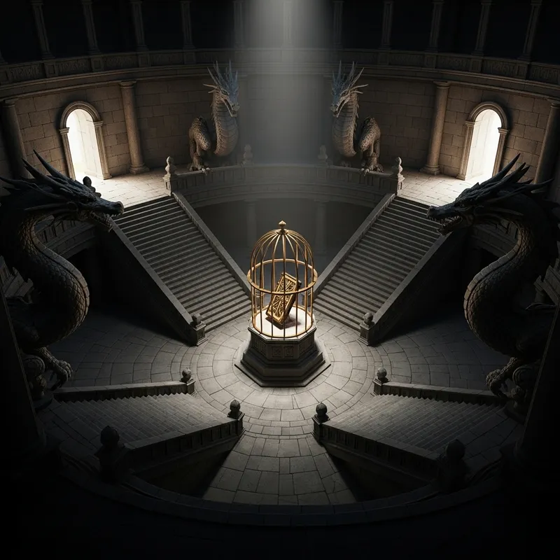Intriguing Circular Room with Staircases, Dragon Statues, and a Mystery Object