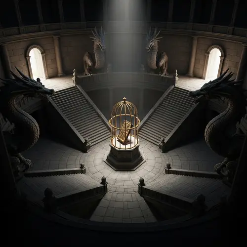 Architecturally Designed Circular Room with Staircases and Dragon Statues