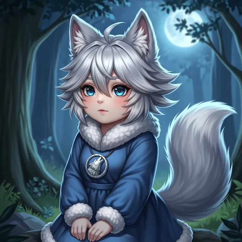 Cute Chubby Anime Wolf Girl in Moonlit Forest