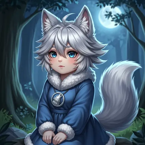 Cute Chubby Anime Wolf Girl in Moonlit Forest