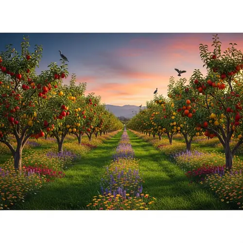 Tranquil Orchard Landscape with Colorful Fruits | Website