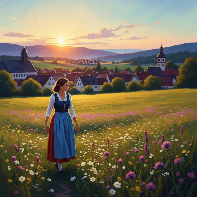 Serene Woman in Vibrant German Countryside Scene Serene Woman in Vibrant German Countryside Scene
