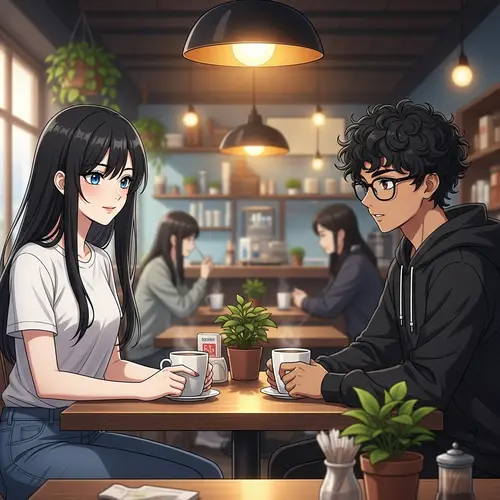 Anime-Inspired Artwork of a Girl and Boy in a Cozy Café Atmosphere