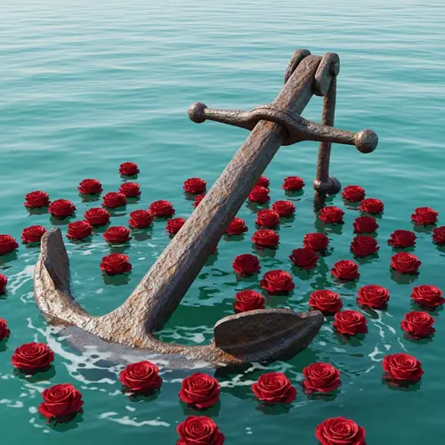 Rustic Ship Anchor with Dark Red Roses | Seascape Beauty