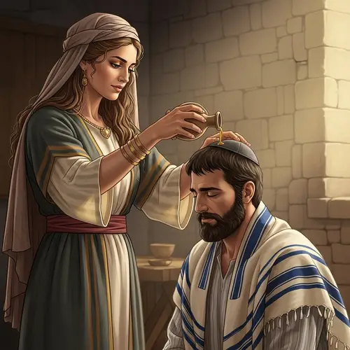 Historical Scene in Ancient Israel: Woman Pouring Oil on Man's Head