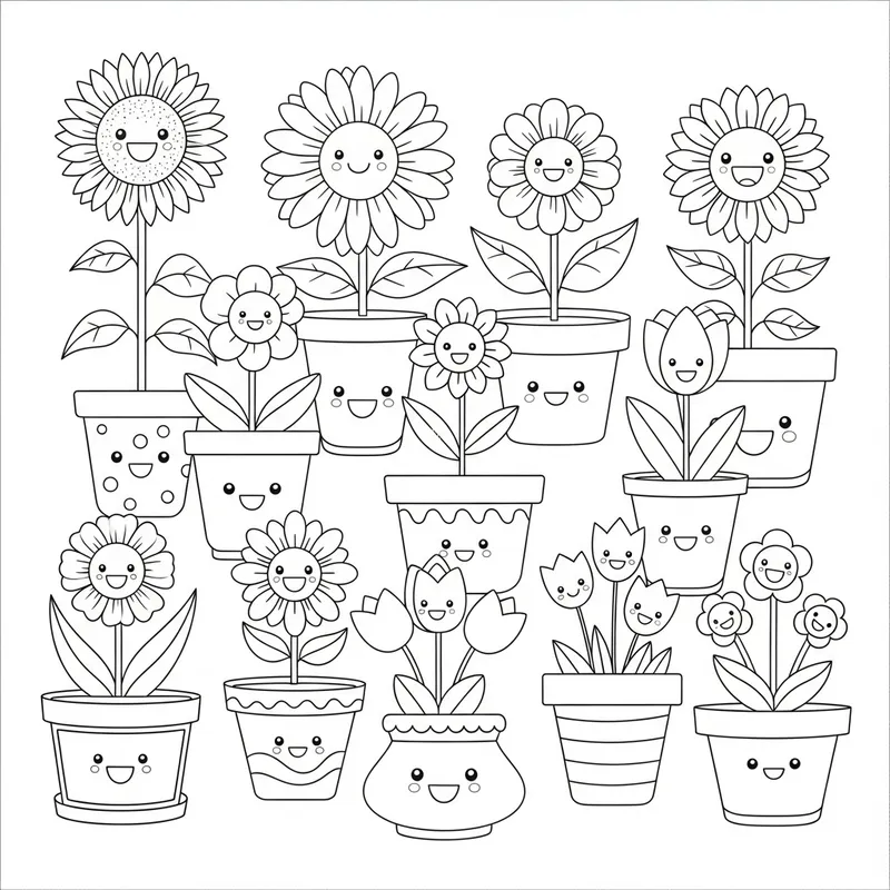 Coloring Book: Smiling Flowers & Cute Flower Pots