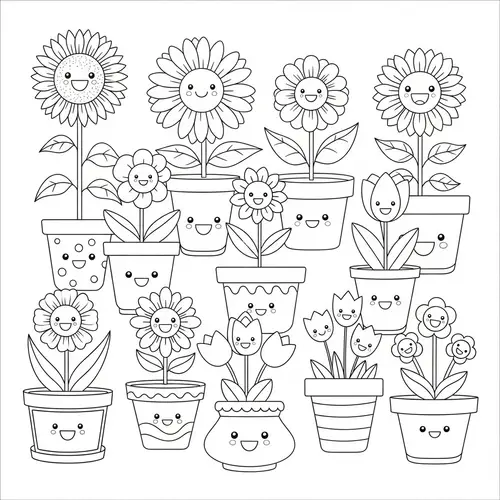 Smiling Flowers Coloring Book: Cute Flower Pots Design