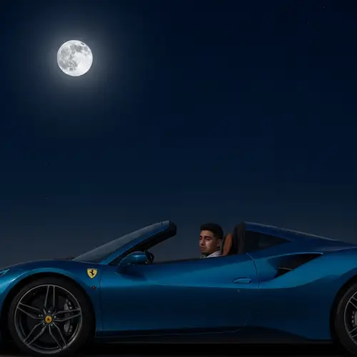 Melancholic Scene: Blue Ferrari Under Moonlight