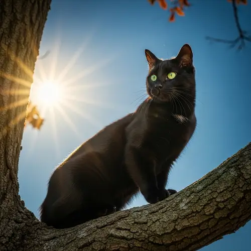 Radiant Sun and Elegant Black Cat - Serene Nature Scene
