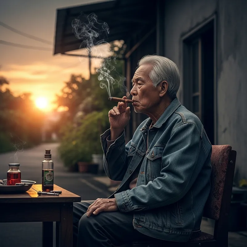 Powerful Image of an Asian Man Smoking at Dusk