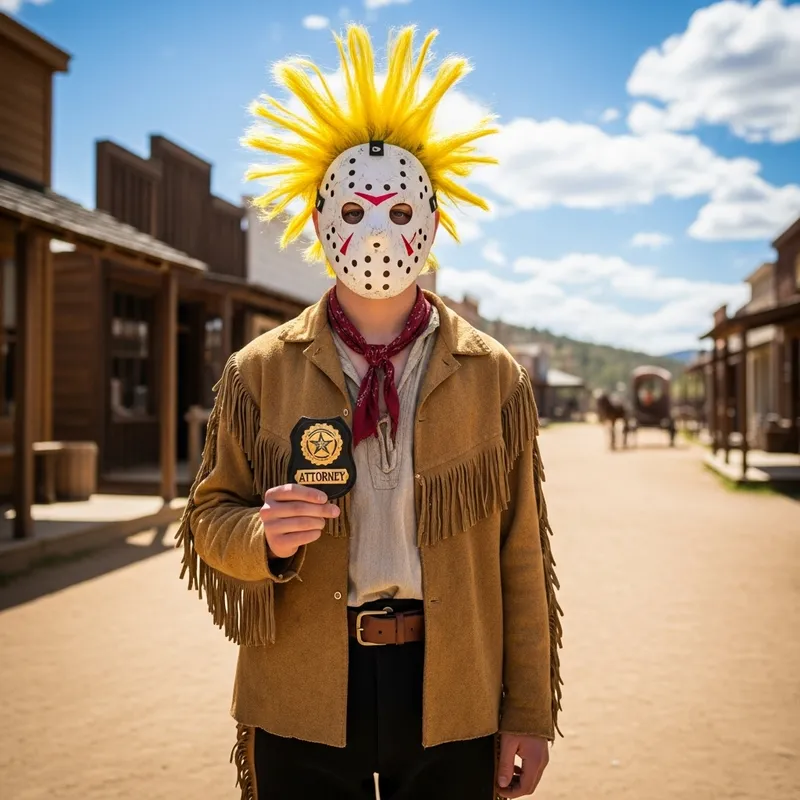 17-Year-Old Teenager in Pioneer Uniform with Attorney Badge, Hockey Mask, and Spiky Yellow Hair 17-Year-Old Teenager in Pioneer Uniform with Attorney Badge, Hockey Mask, and Spiky Yellow Hair