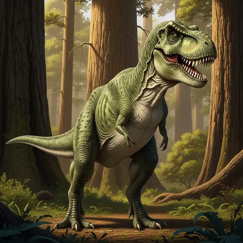 Detailed T-Rex Depiction in Lush Forest Setting