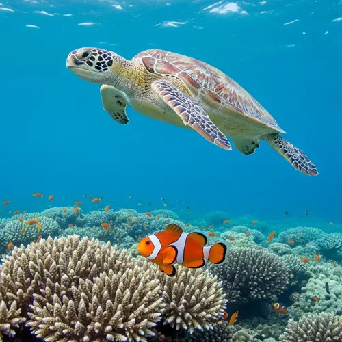 Vibrant Coral Reef with Clownfish and Sea Turtle