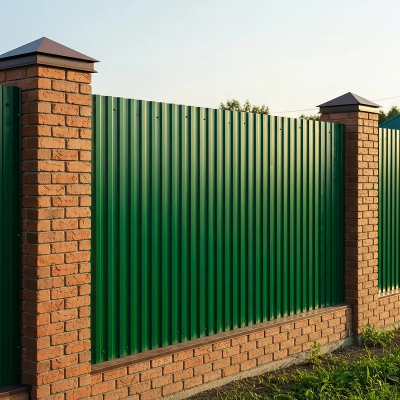 Solid Green Metal Fence with Brick Columns Solid Green Metal Fence with Brick Columns