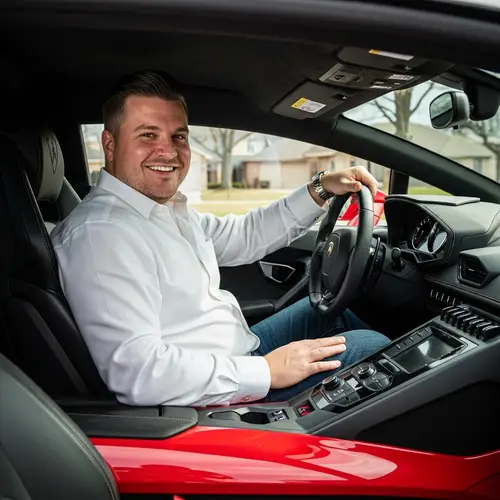 Overweight Man Enjoying Luxury Ride in Red Lamborghini