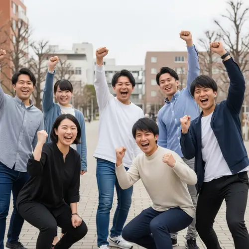Cheerful Japanese University Students Doing Victory Pose