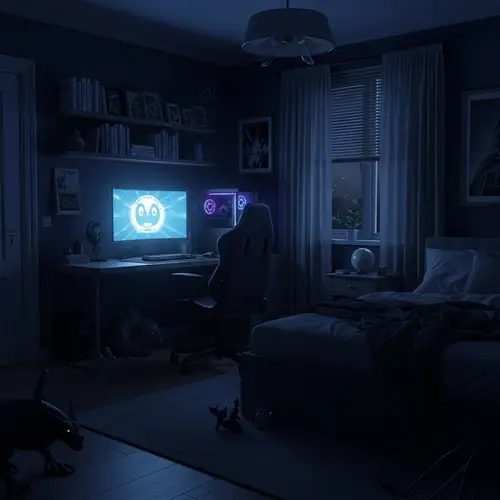Cozy Nighttime Gaming Setup with Hidden Monsters