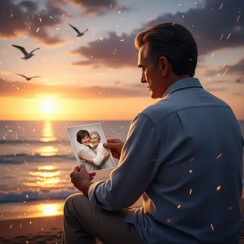 Melancholic Hispanic Man Contemplating Sunset by the Sea