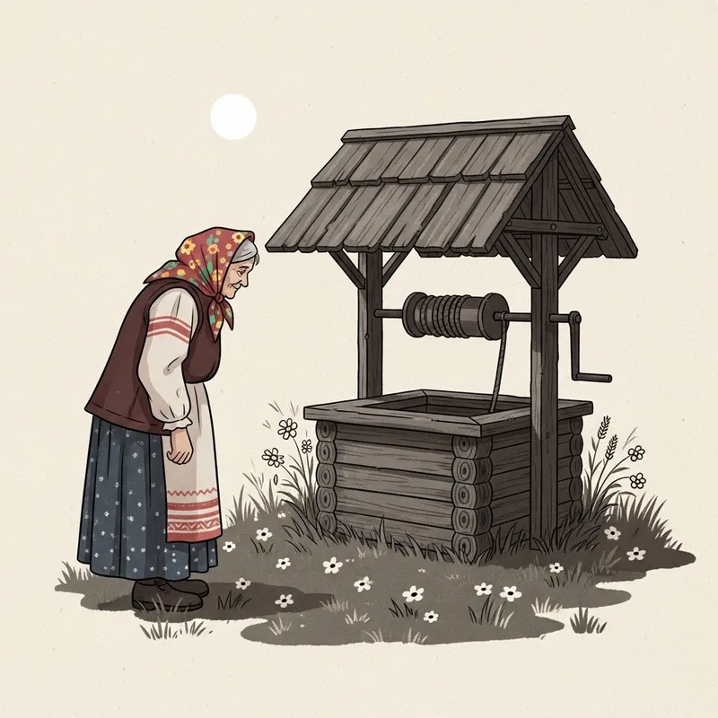 Elderly Russian Grandmother at Old Wooden Well in Night Sky