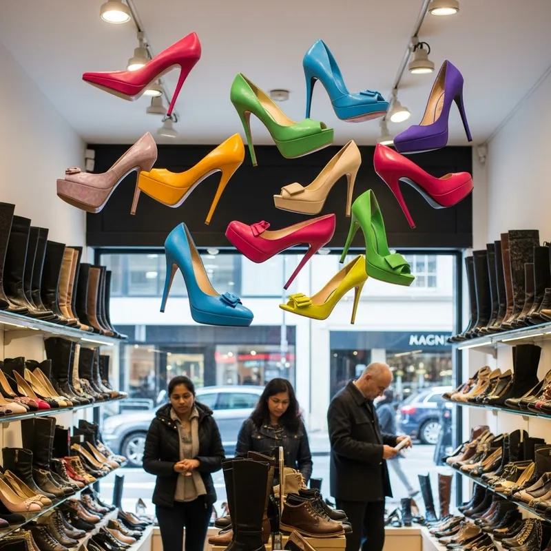 Captivating High Heel Shoes Levitating Over Bustling Shoe Store