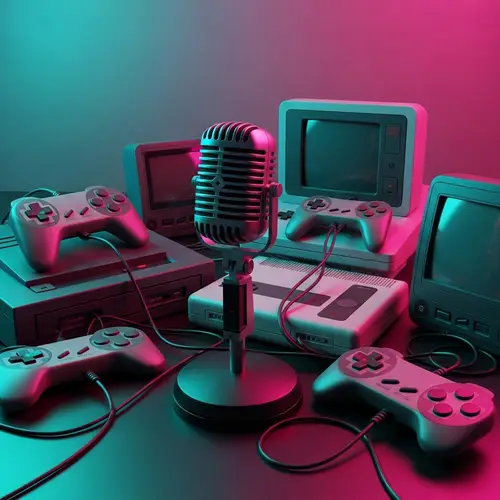 Gaming Podcast Setup with Vintage Microphone & Retro Consoles