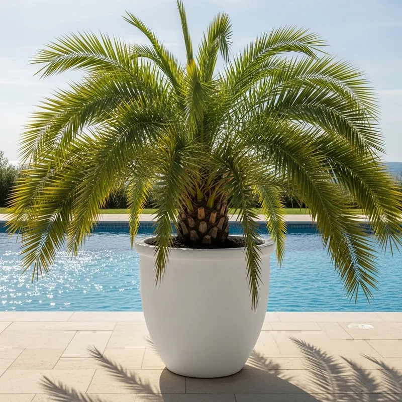 Large White Cement Pot with Palm Tree by Pool