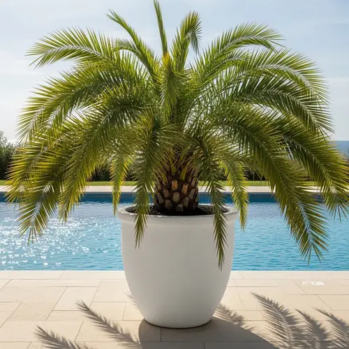 Large White Cement Pot with Palm Tree Near Swimming Pool