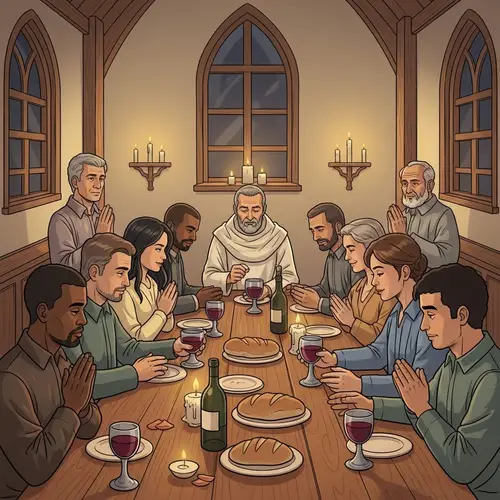 Diverse Community Sharing the Lord's Supper at Wooden Table