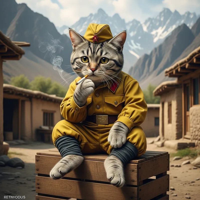 Vintage Soviet Cat in Afghan Mountain Village