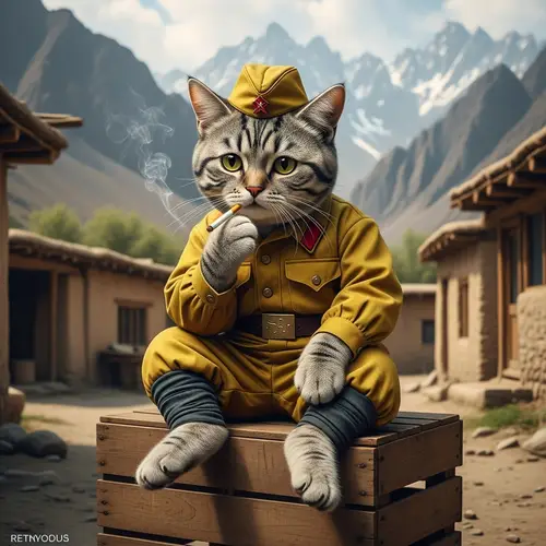 Vintage Soviet-Style Feline Portrait in Afghan Mountain Village