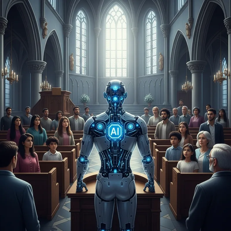 Living AI preaching to masses in futuristic mega church Living AI preaching to masses in futuristic mega church