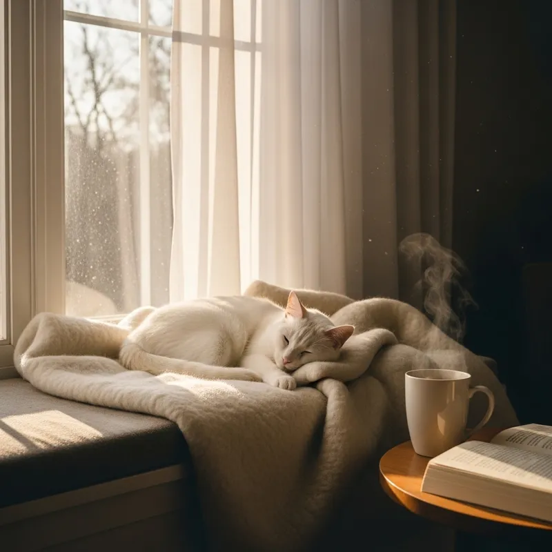 Tranquil Morning Setting with White Cat Sleeping Indoors