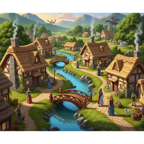 Enchanting Fantasy Village Amid Emerald Hills | Magical Creatures & Vibrant Life