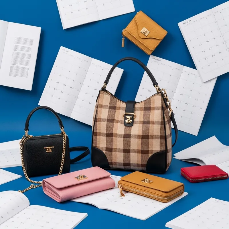 Stylish Handbags and Wallets on Blue Background with Scattered Calendar Leaves Stylish Handbags and Wallets on Blue Background with Scattered Calendar Leaves