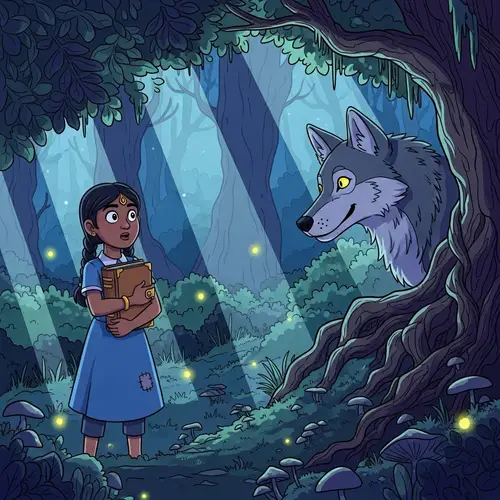 Girl Encounters Wolf in Nighttime Forest - Cartoon Style