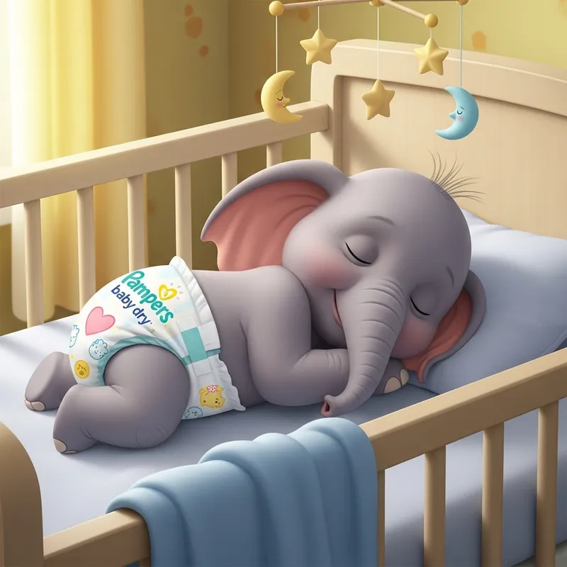 Baby Elephant Sleeps in Pampers Baby Dry Diapers
