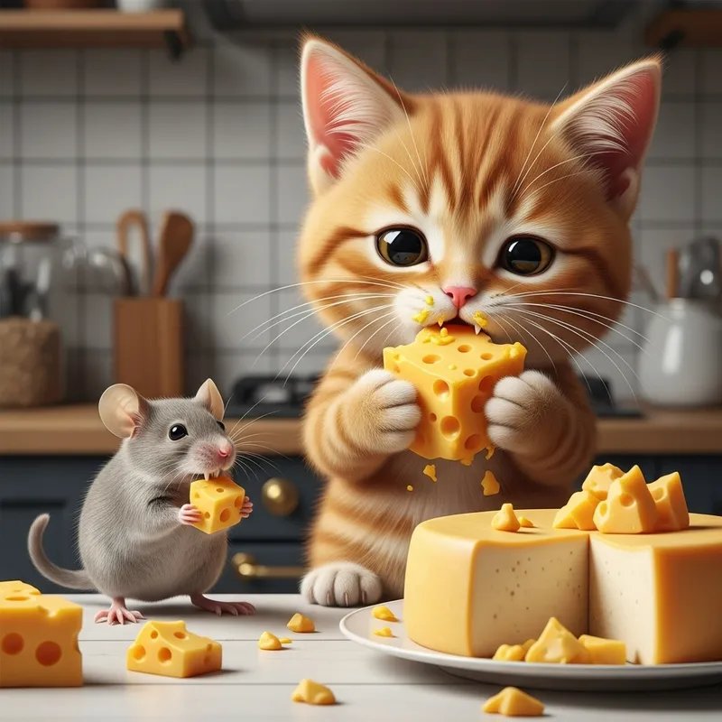 Hyper-realistic Grey Mouse and Cartoonish Ginger Cat with Cheese